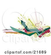 Poster, Art Print Of Green Arrows And Circles With Pink Splatters Over A White Background