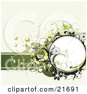 Poster, Art Print Of Green Silhouetted Butterflies With Flowers Circles And Scrolls Over A White Background