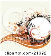 Clipart Picture Illustration Of Orange Silhouetted Butterflies With Flowers Circles And Black Scrolls Over A White Background