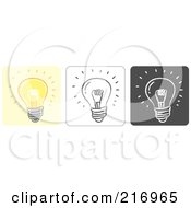 Poster, Art Print Of Digital Collage Of Three Lightbulb Icons In Color Sketch Style And Black And White