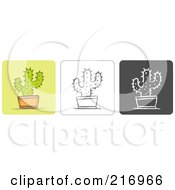Poster, Art Print Of Digital Collage Of Three Cactus Icons In Color Sketch Style And Black And White