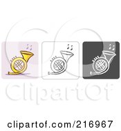 Poster, Art Print Of Digital Collage Of Three Horn Icons In Color Sketch Style And Black And White