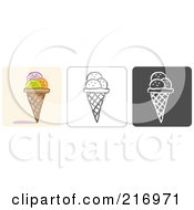 Poster, Art Print Of Digital Collage Of Three Ice Cream Cone Icons In Color Sketch Style And Black And White
