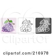 Poster, Art Print Of Digital Collage Of Three Grape Icons In Color Sketch Style And Black And White