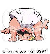 Poster, Art Print Of Happy Blond Baby In A Diaper Bent Over And Looking Through His Legs