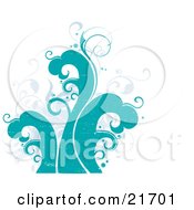 Nature Clipart Picture Illustration Of Faded Vines And Turquoise Waves Over A White Background