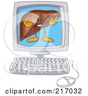 Royalty Free RF Clipart Illustration Of A Liver Mascot Character On A Computer Screen by Mascot Junction