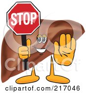 Royalty Free RF Clipart Illustration Of A Liver Mascot Character Holding A Stop Sign by Mascot Junction