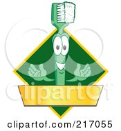 Green Toothbrush Logo Character Mascot With A Gold Banner On A Green Diamond