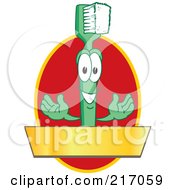 Green Toothbrush Logo Character Mascot With A Gold Banner On A Red Oval