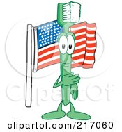 Poster, Art Print Of Green Toothbrush Character Mascot With An American Flag