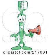 Green Toothbrush Character Mascot Holding A Megaphone