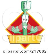 Green Toothbrush Logo Character Mascot With A Gold Banner On A Red Diamond