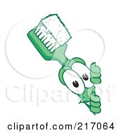 Green Toothbrush Character Mascot Looking Around A Blank Sign