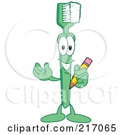 Green Toothbrush Character Mascot Holding A Pencil
