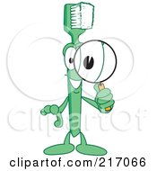 Green Toothbrush Character Mascot Using A Magnifying Glass