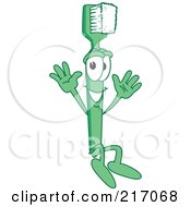 Royalty Free RF Clipart Illustration Of A Green Toothbrush Character Mascot Jumping by Mascot Junction
