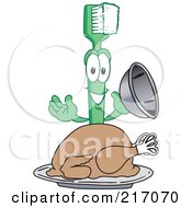 Royalty Free RF Clipart Illustration Of A Green Toothbrush Character Mascot Serving A Thanksgiving Turkey by Mascot Junction