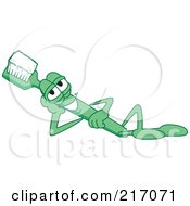 Royalty Free RF Clipart Illustration Of A Green Toothbrush Character Mascot Reclined by Mascot Junction