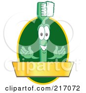 Royalty Free RF Clipart Illustration Of A Green Toothbrush Logo Character Mascot With A Gold Banner On A Green Oval by Mascot Junction