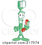 Royalty Free RF Clipart Illustration Of A Green Toothbrush Character Mascot Holding A Phone by Mascot Junction