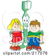 Green Toothbrush Character Mascot Standing With Kids