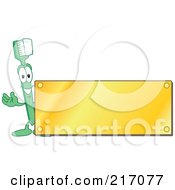 Poster, Art Print Of Green Toothbrush Character Logo Mascot With A Blank Gold Plaque