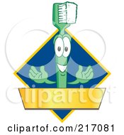 Green Toothbrush Logo Character Mascot With A Gold Banner On A Blue Diamond