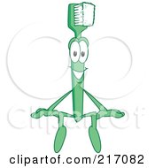 Royalty Free RF Clipart Illustration Of A Green Toothbrush Character Mascot Sitting On A Blank Sign by Mascot Junction