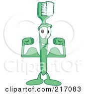 Royalty Free RF Clipart Illustration Of A Green Toothbrush Character Mascot Flexing by Mascot Junction