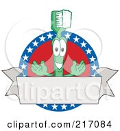 Poster, Art Print Of Green Toothbrush Character Mascot Logo With American Stars And A Blank Banner