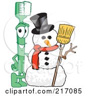 Poster, Art Print Of Green Toothbrush Character Mascot By A Snowman