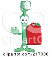 Royalty Free RF Clipart Illustration Of A Green Toothbrush Character Mascot Holding A Price Tag by Mascot Junction