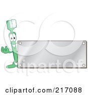 Royalty Free RF Clipart Illustration Of A Green Toothbrush Character Logo Mascot With A Blank Silver Plaque by Mascot Junction