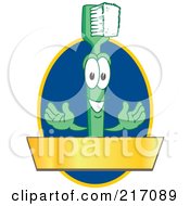Green Toothbrush Logo Character Mascot With A Gold Banner On A Blue Oval