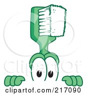 Royalty Free RF Clipart Illustration Of A Green Toothbrush Character Mascot Looking Over A Blank Sign by Mascot Junction
