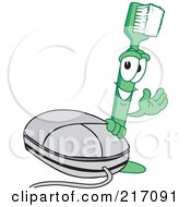 Royalty Free RF Clipart Illustration Of A Green Toothbrush Character Mascot By A Computer Mouse by Mascot Junction