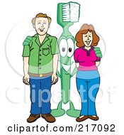 Royalty Free RF Clipart Illustration Of A Green Toothbrush Character Mascot Standing With Adults by Mascot Junction