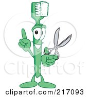 Royalty Free RF Clipart Illustration Of A Green Toothbrush Character Mascot Holding Scissors by Mascot Junction
