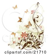 Poster, Art Print Of Flying Monarch Butterflies Near Flowering Brown Vines Over A White Background