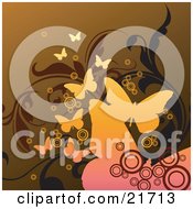 Poster, Art Print Of Buttterfly Background Of Gradient Pink And Yellow Butterflies With Circles And Vines Over Brown