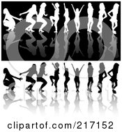 Royalty Free RF Clipart Illustration Of A Digital Collage Of Black And White Silhouetted Dancing Women On Reflective Backgrounds 1 by dero