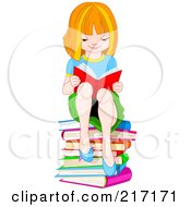 Poster, Art Print Of Red Haired School Girl Sitting On A Stack Of Books And Reading