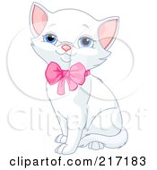 Royalty Free RF Clipart Illustration Of A Cute White Kitten Sitting With A Pink Bow On His Neck