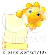 Royalty Free RF Clipart Illustration Of A Freckled Sun Holding And Pointing At A Blank Scroll by Pushkin