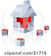 White And Red Home Built Of Cubes On A Reflective Surface
