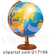 Poster, Art Print Of Shiny Blue Desk Globe With Orange Continents