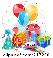 Poster, Art Print Of Confetti Falling Over Gifts Balloons Cake And A Party Hats