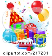 Poster, Art Print Of Confetti Falling Over Presents Balloons Cake And A Party Hat