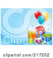 Poster, Art Print Of Blue Wave Background With Birthday Cake Presents Balloons And A Party Hat